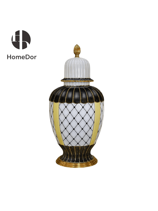Black and White Geometric Porcelain Accent with Golden Edges