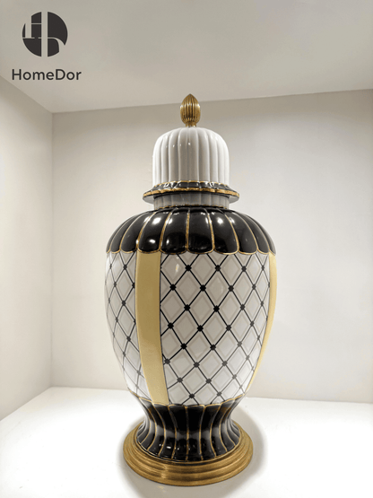 Black and White Geometric Porcelain Accent with Golden Edges1
