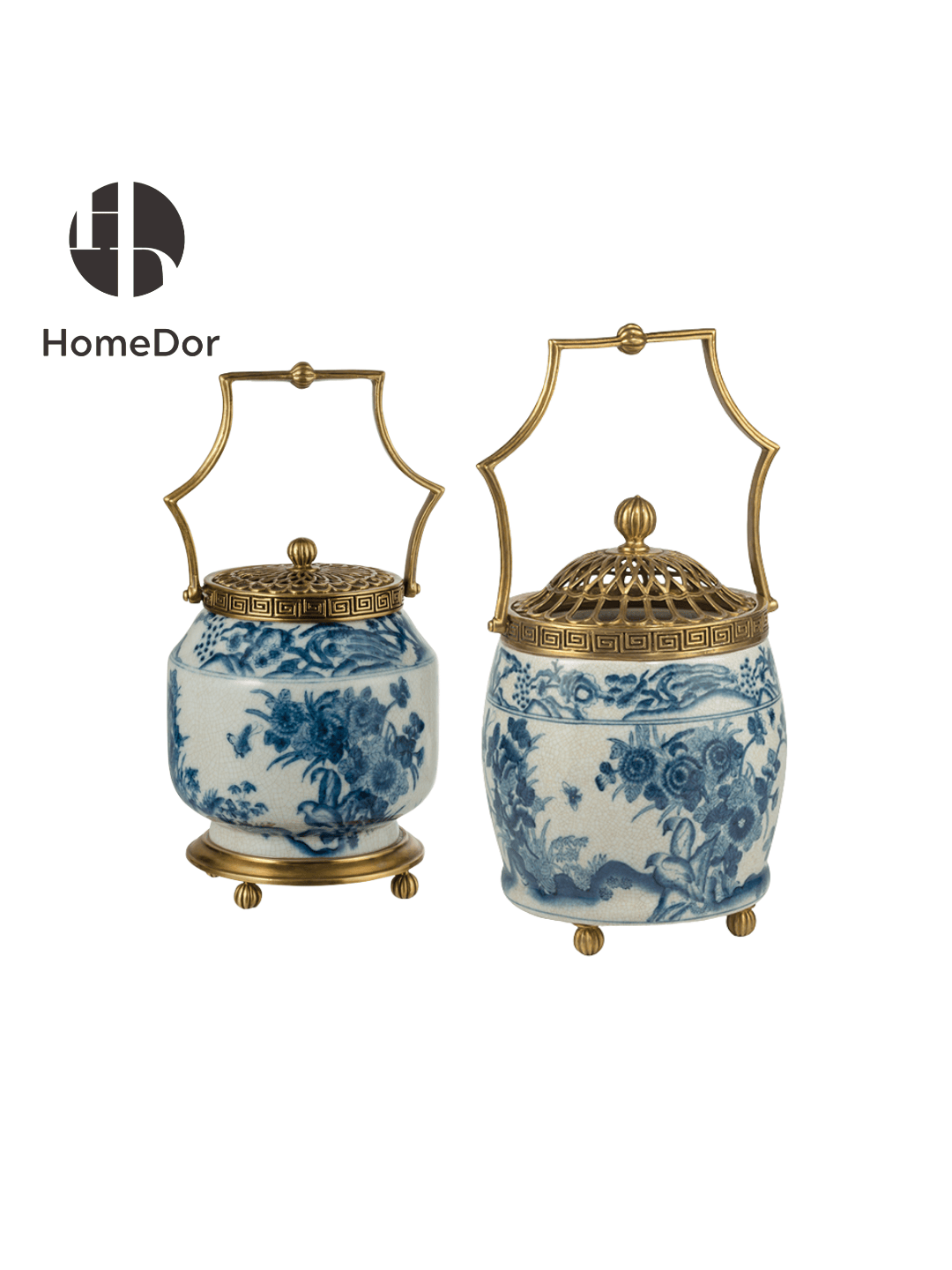 Blue and White Porcelain & Brass - Trimmed Handle Decorative Pots/ Table Set