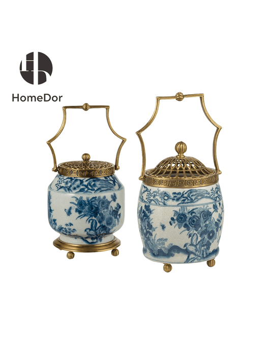 Blue and White Porcelain & Brass - Trimmed Handle Decorative Pots/ Table Set