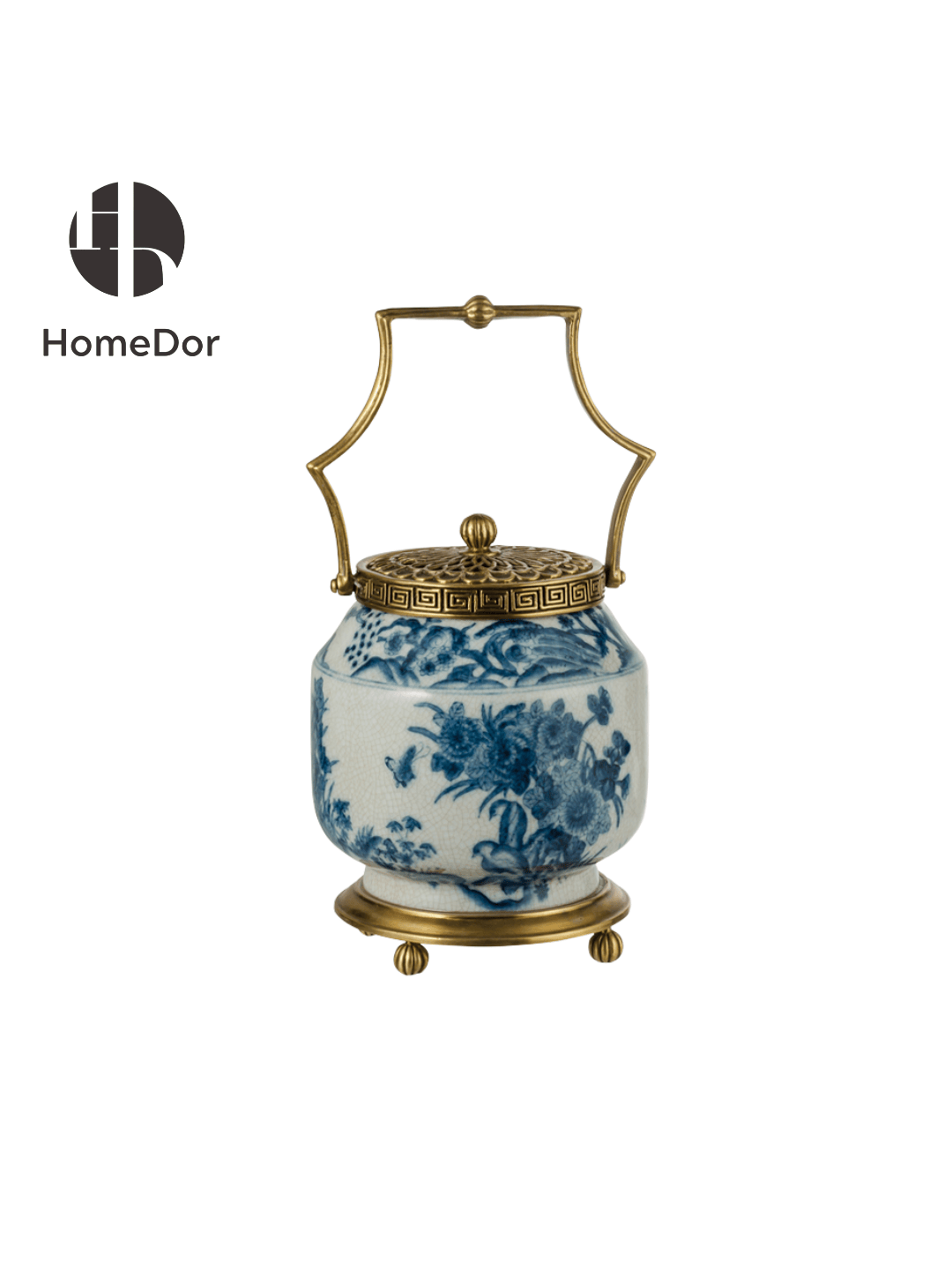 Blue and White Porcelain & Brass - Trimmed Handle Decorative Pots/ Table Set1