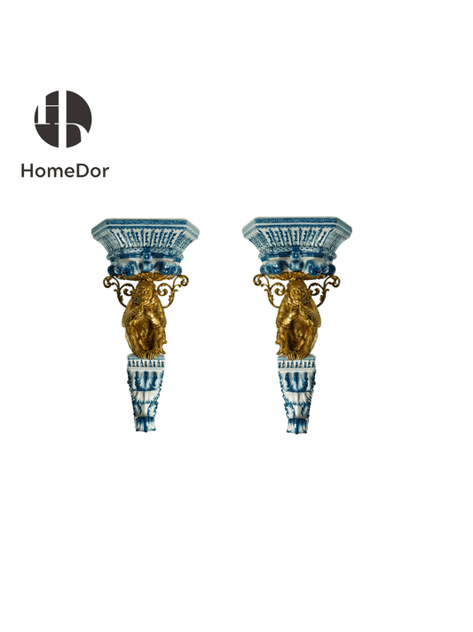 Blue and White Porcelain Wall Decor With Ornate Brass Animal Embellishments