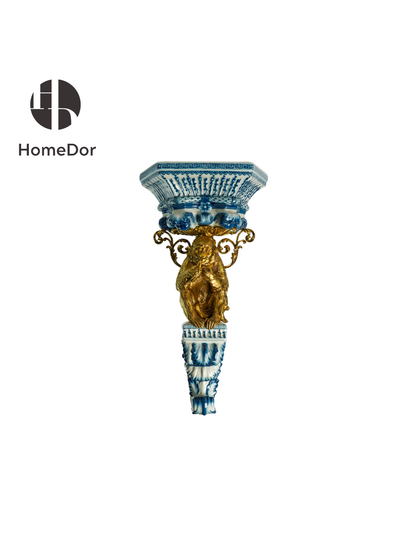 Blue and White Porcelain Wall Decor With Ornate Brass Animal Embellishments2