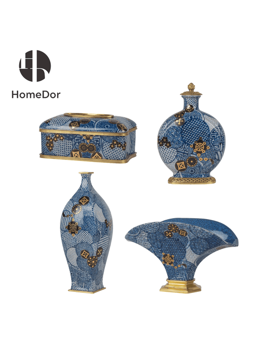 Blue and White Porcelain with Gold Accents Table Decor Set