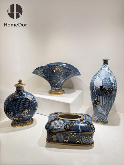 Blue and White Porcelain with Gold Accents Table Decor Set
7