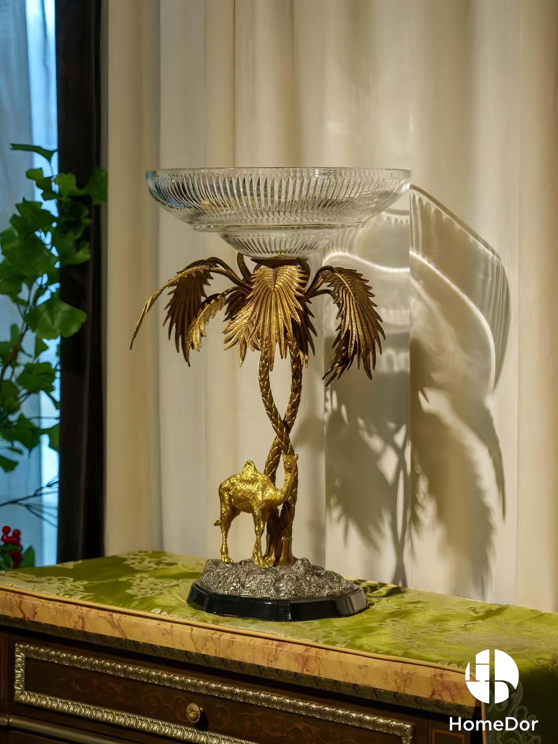 Brass Camel Bowl Palm Tree Stand Fruit Platter
2