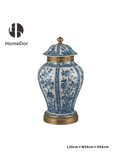 Chinoiserie Blue and White Porcelain General Jar/Urn with Brass Details