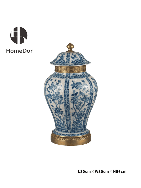 Chinoiserie Blue and White Porcelain General Jar/Urn with Brass Details