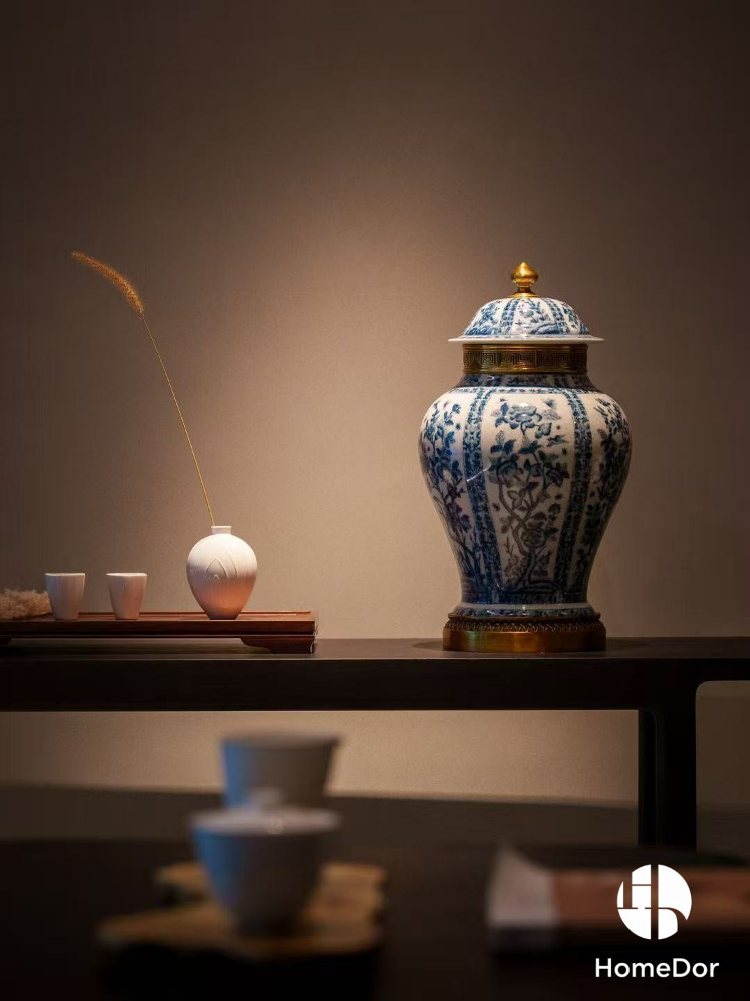 Chinoiserie Blue and White Porcelain General Jar/Urn with Brass Details2