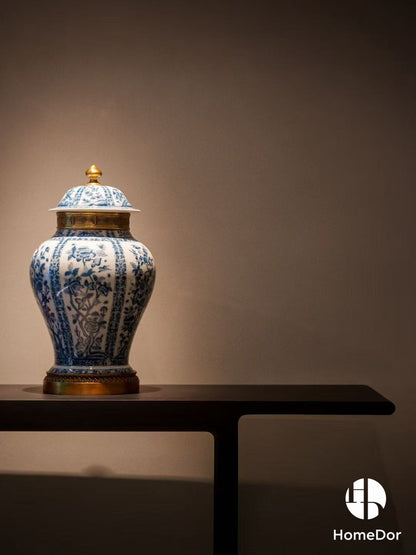 Chinoiserie Blue and White Porcelain General Jar/Urn with Brass Details3