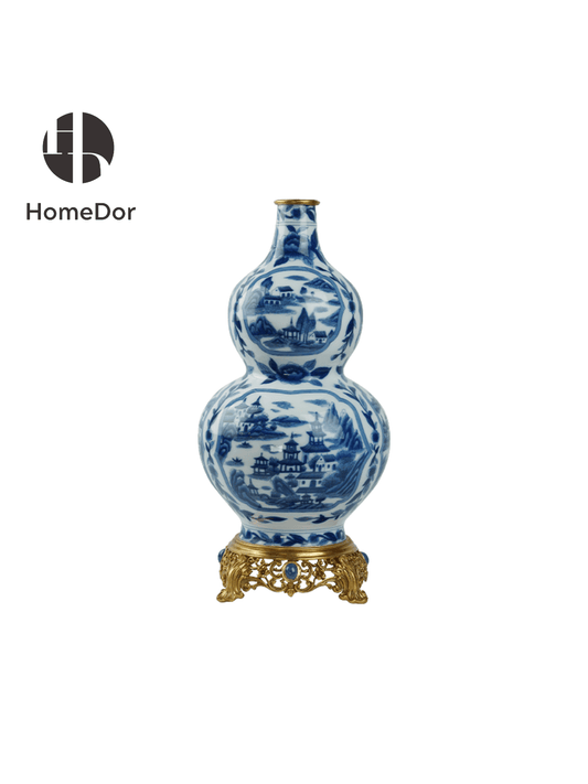 Chinoiserie Blue and White Porcelain Gourd Vase with Landscape Patterns & Brass Base