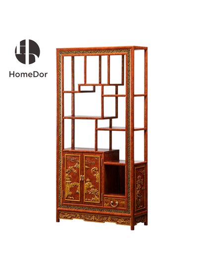 Its ornate craftsmanship, layered shelving, and subtle fusion of Eastern and Western aesthetics make it perfect for displaying treasures while elevating interior decor.