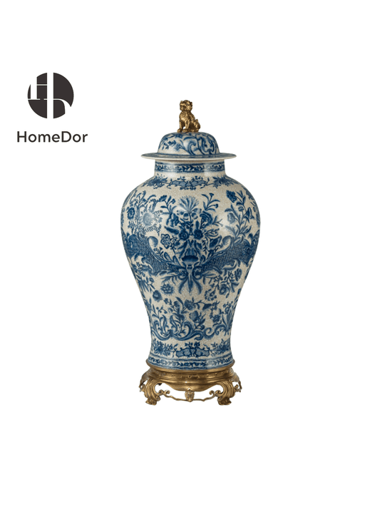 Chinoiserie Foo Dog Finialed Blue - White Porcelain Urn/Table Decor with Brass Base1