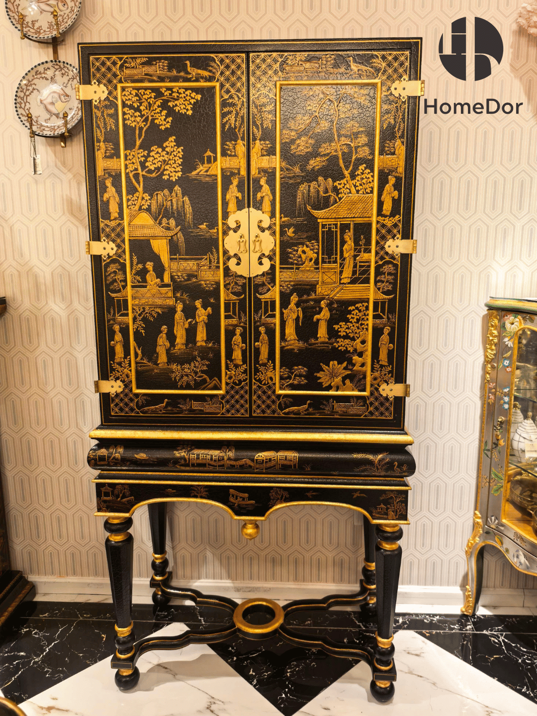 Chinoiserie Gilded Black Lacquer Tall Cabinet on Stand - Figurative Courtyard Motif