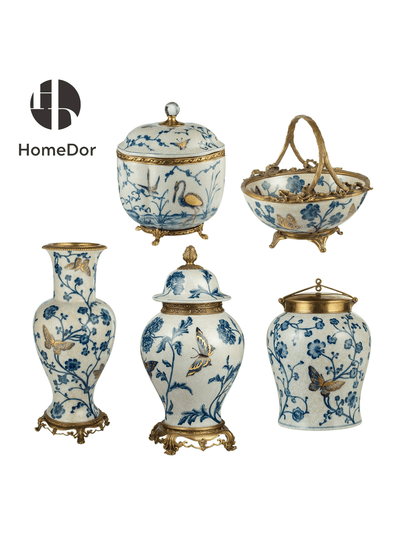 Chinoiserie Style Blue and White Gilt Porcelain Decor Set with Ornate Brass Accents

