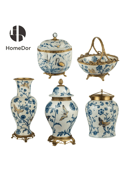 Chinoiserie Style Blue and White Gilt Porcelain Decor Set with Ornate Brass Accents

