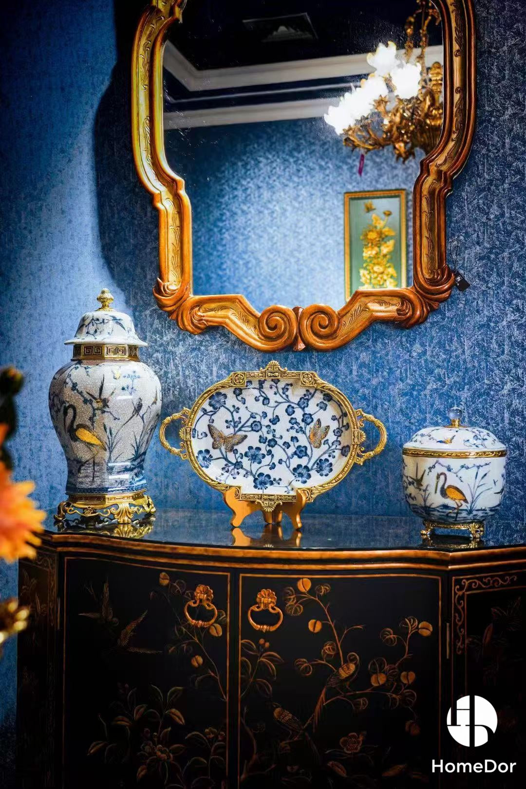 Chinoiserie Style Blue and White Gilt Porcelain Decor Set with Ornate Brass Accents
1