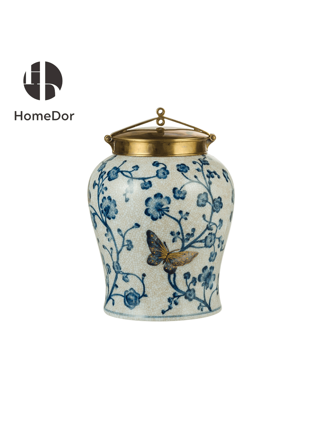 Chinoiserie Style Blue and White Gilt Porcelain Decor Set with Ornate Brass Accents
10