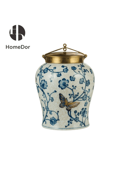 Chinoiserie Style Blue and White Gilt Porcelain Decor Set with Ornate Brass Accents
10