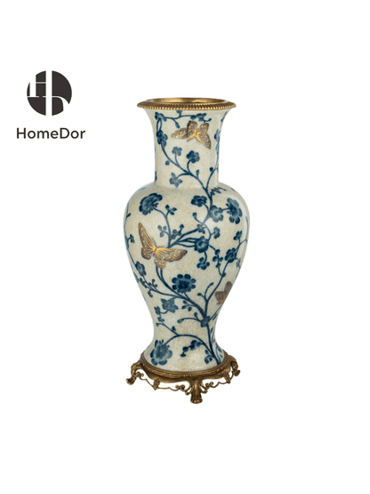 Chinoiserie Style Blue and White Gilt Porcelain Decor Set with Ornate Brass Accents
11