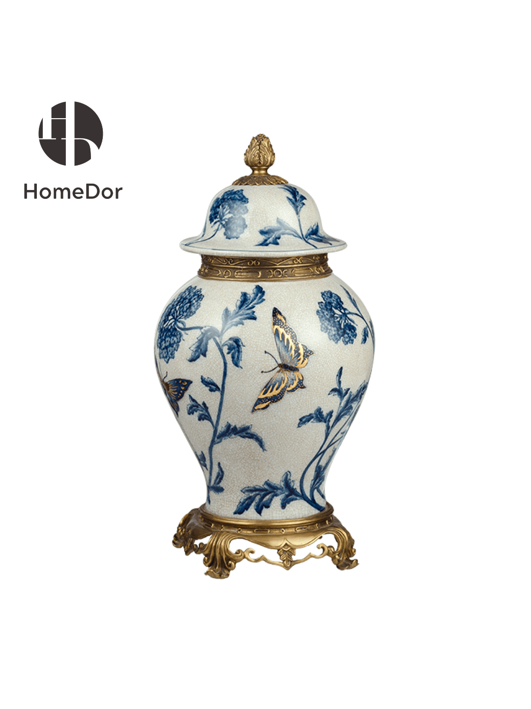 Chinoiserie Style Blue and White Gilt Porcelain Decor Set with Ornate Brass Accents
12