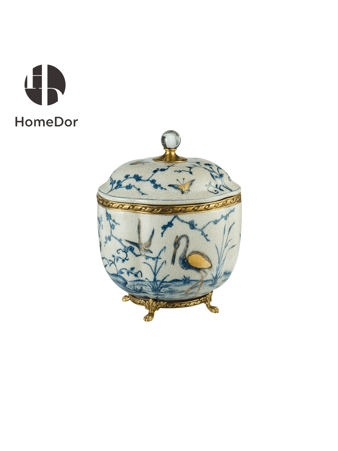 Chinoiserie Style Blue and White Gilt Porcelain Decor Set with Ornate Brass Accents
13