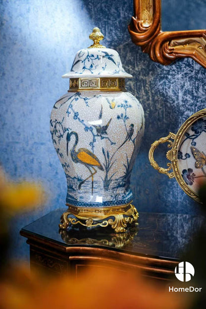Chinoiserie Style Blue and White Gilt Porcelain Decor Set with Ornate Brass Accents
2