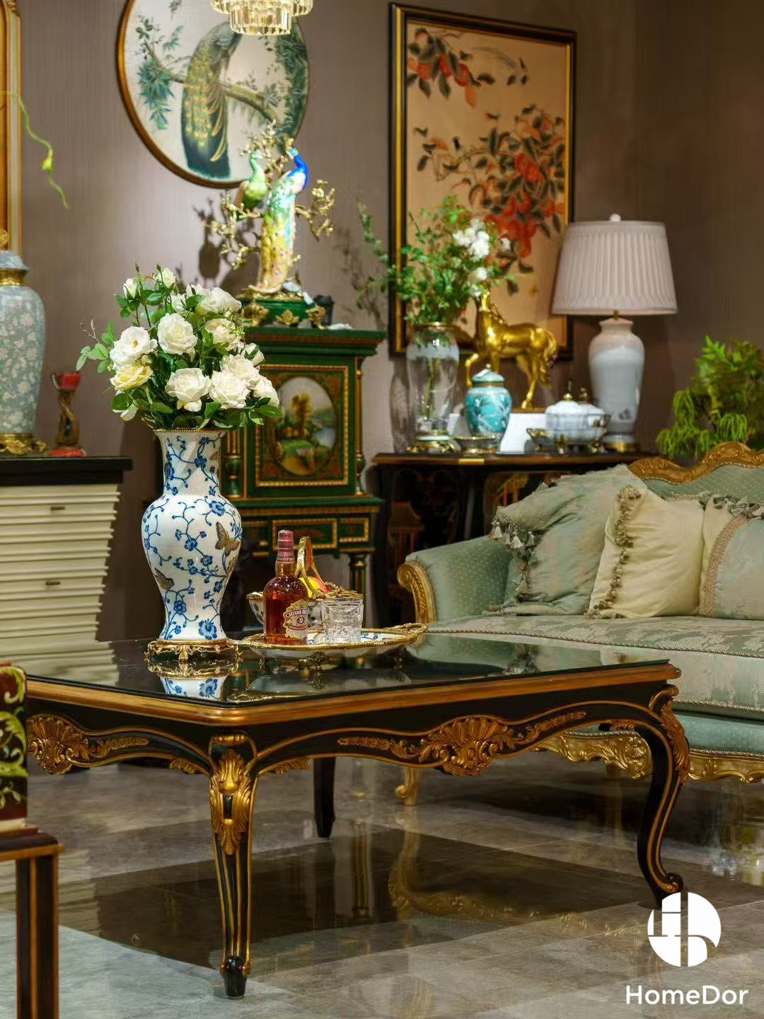 Chinoiserie Style Blue and White Gilt Porcelain Decor Set with Ornate Brass Accents
3