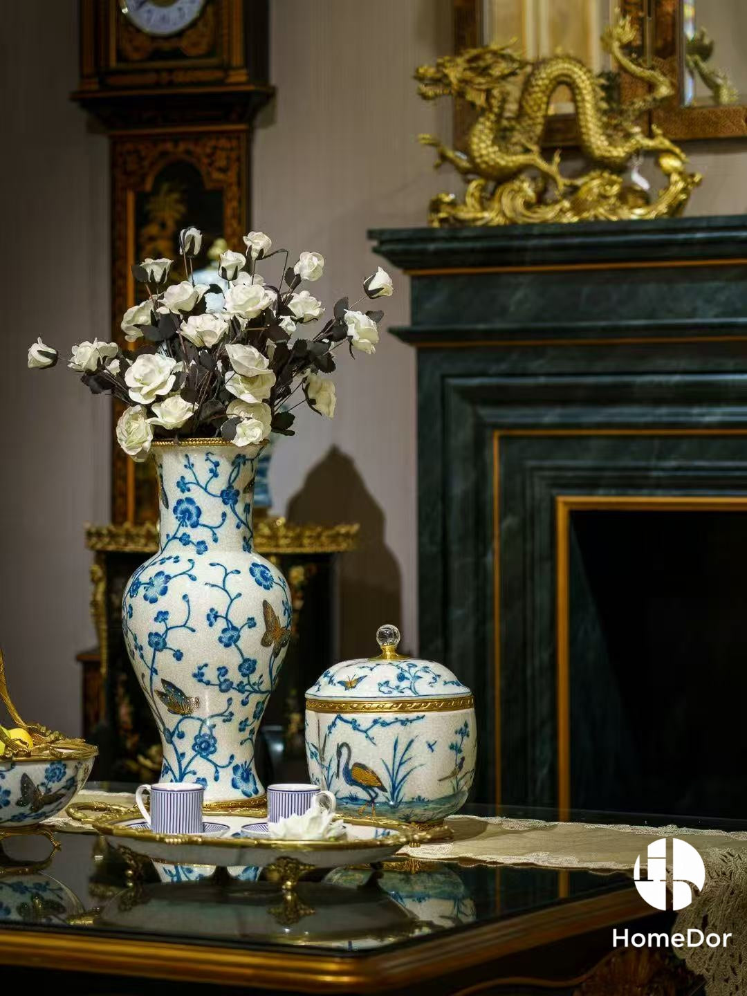 Chinoiserie Style Blue and White Gilt Porcelain Decor Set with Ornate Brass Accents
4
