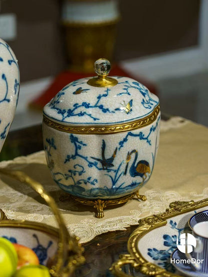 Chinoiserie Style Blue and White Gilt Porcelain Decor Set with Ornate Brass Accents
5