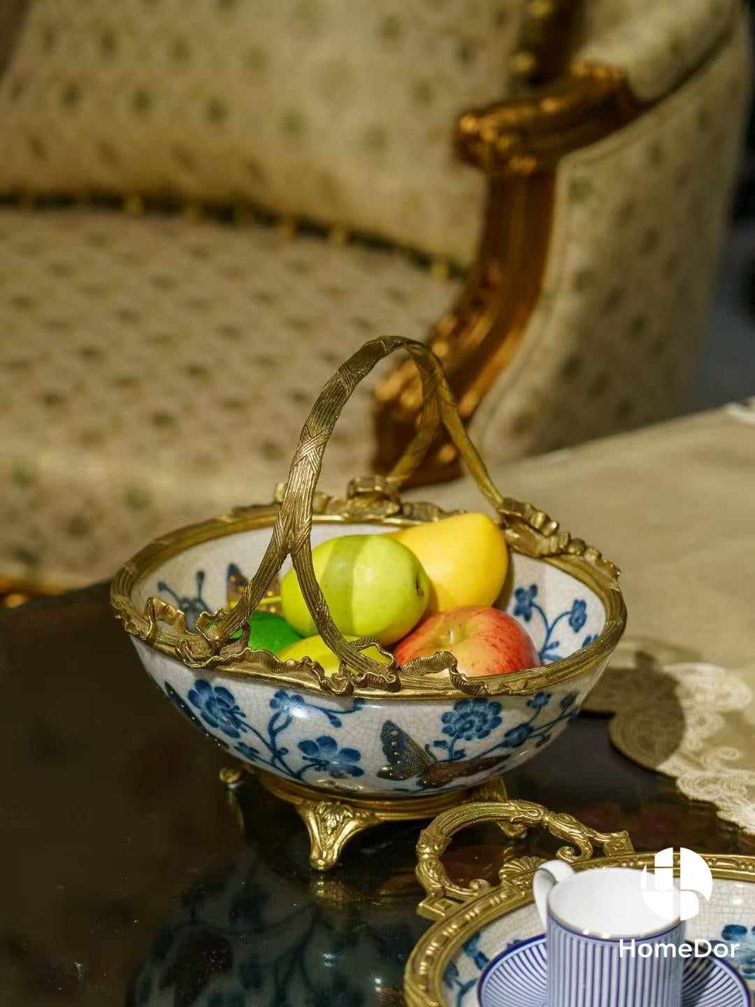 Chinoiserie Style Blue and White Gilt Porcelain Decor Set with Ornate Brass Accents
6