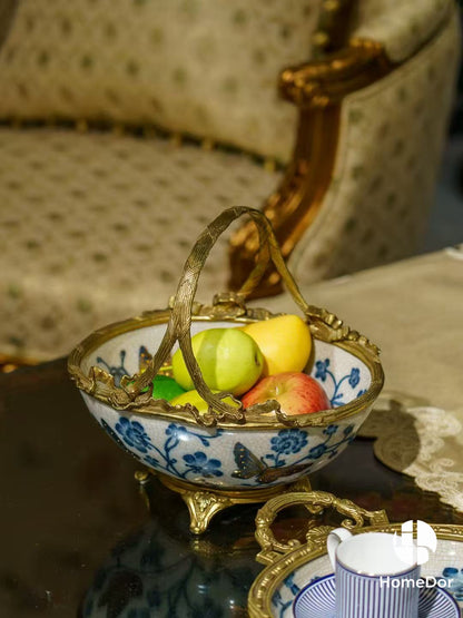 Chinoiserie Style Blue and White Gilt Porcelain Decor Set with Ornate Brass Accents
6