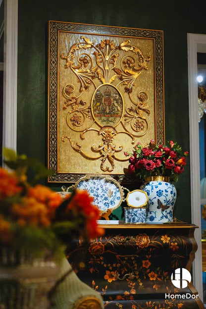 Chinoiserie Style Blue and White Gilt Porcelain Decor Set with Ornate Brass Accents
9