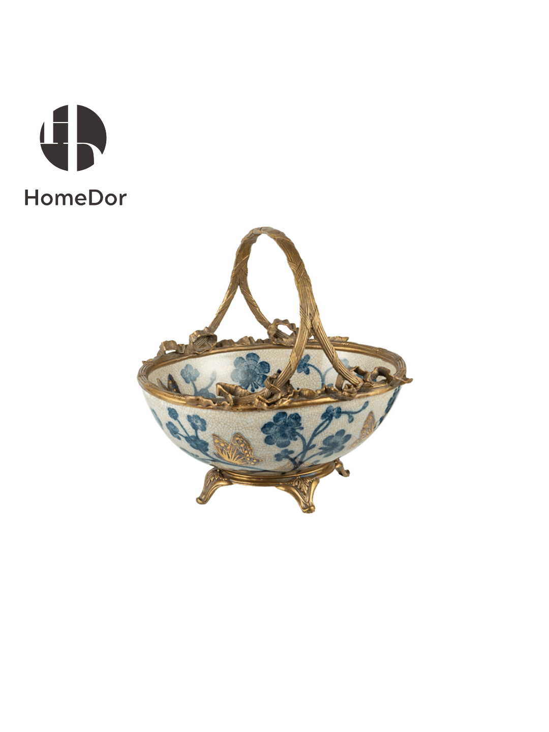 Chinoiserie Style Blue and White Gilt Porcelain Decor Set with Ornate Brass Accents
9