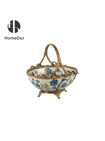 Chinoiserie Style Blue and White Gilt Porcelain Decor Set with Ornate Brass Accents
9