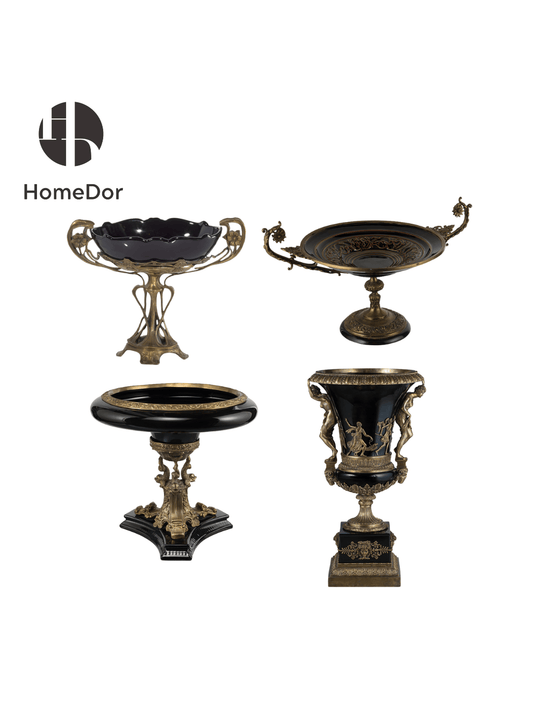 Classic Black Porcelain Table Decor Set with Elaborate Brass Embellishments5