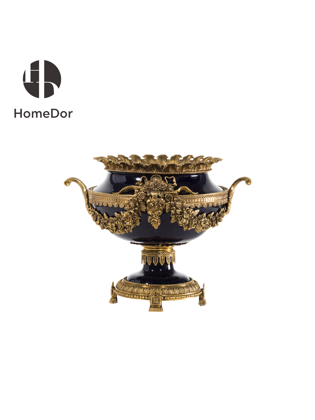 Classic Black Porcelain Urn Shaped Vase with Floral Brass Accents