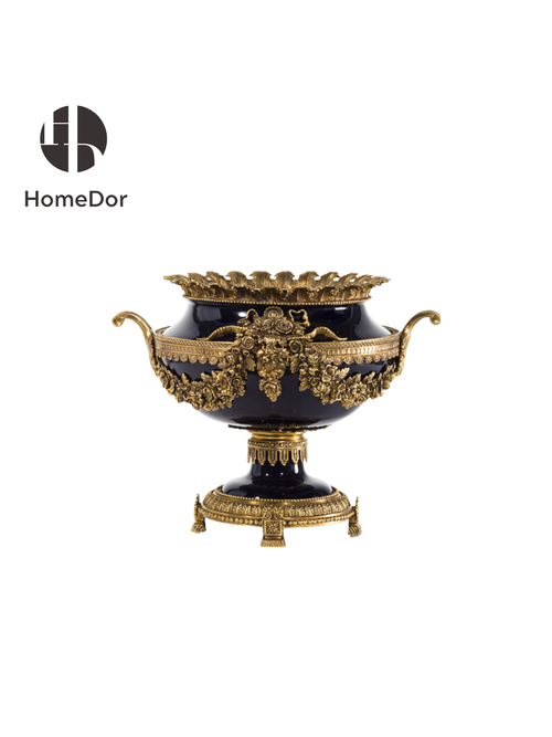 Classic Black Porcelain Urn Shaped Vase with Floral Brass Accents