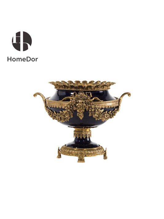 Classic Black Porcelain Urn Shaped Vase with Floral Brass Accents