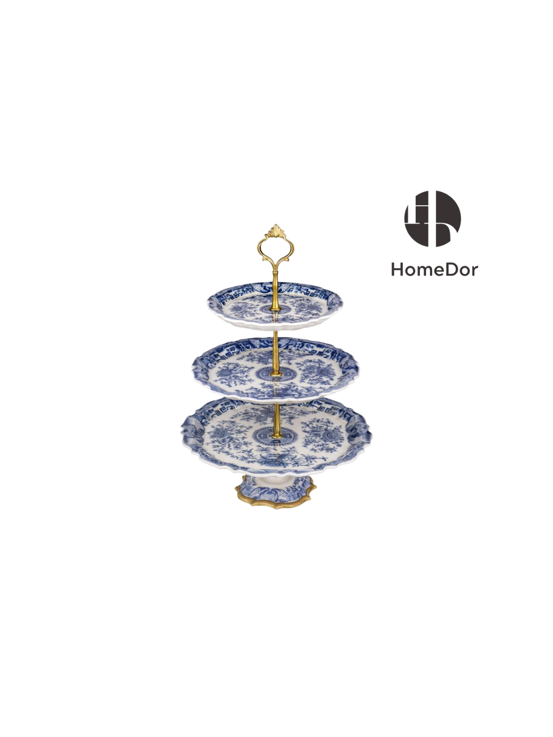 Classic Blue And White Porcelain Brass 3 - Layer Serving Tray/Platter