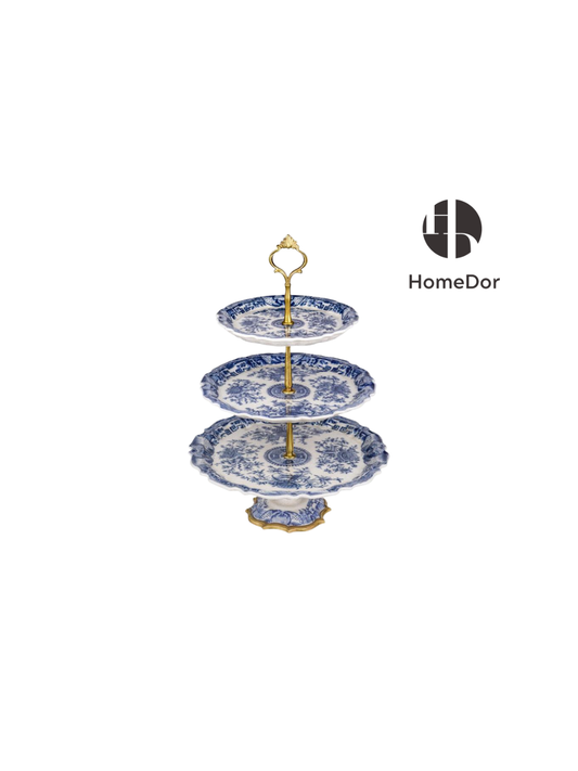 Classic Blue And White Porcelain Brass 3 - Layer Serving Tray/Platter