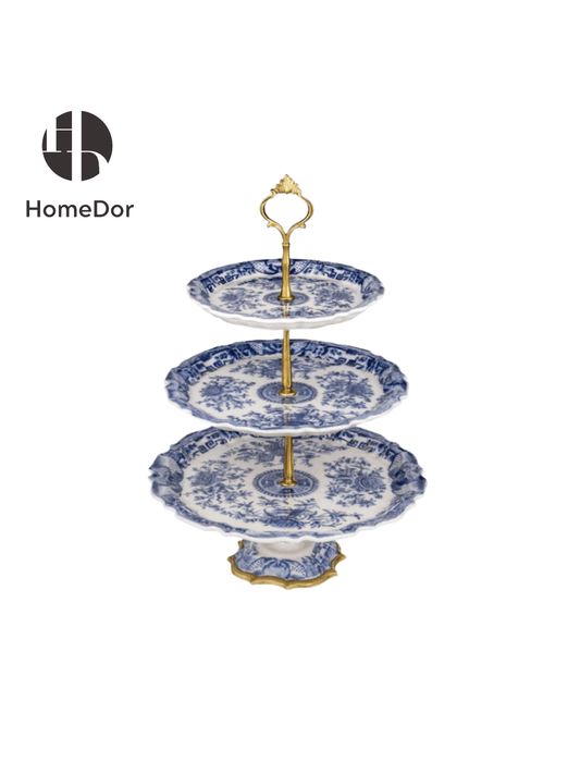 Classic Blue and White Porcelain Brass 3-Layer Dessert Serving Tray/Platter1