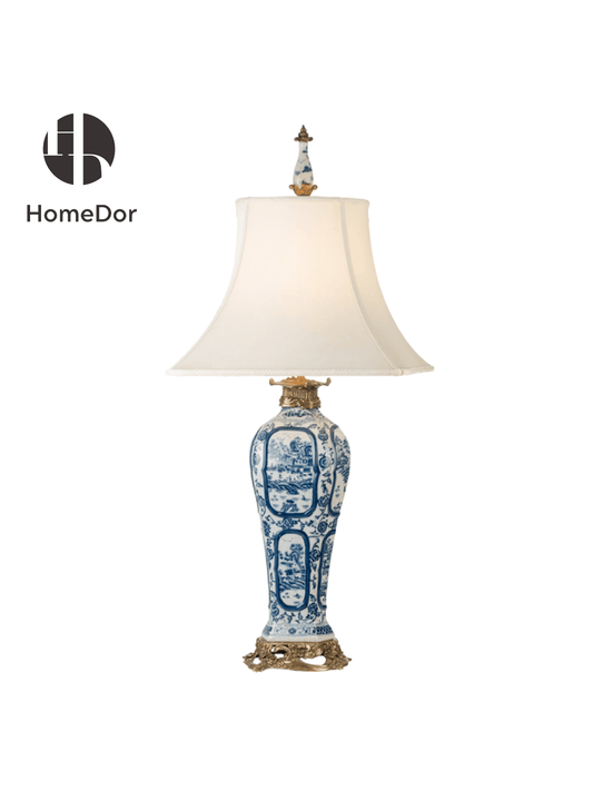 Classic Blue and White Porcelain Lamp with Landscape Scenes & Brass Details