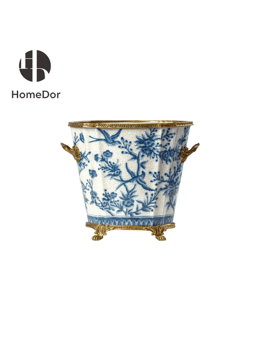 Classic Blue and White Porcelain Planter/Flower Pot with Brass Accents