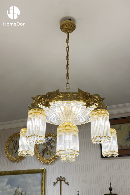 HomeDor × FH&amp;Home | Lámpara de araña clásica europea de latón con forma de pájaro y detalles de cristal