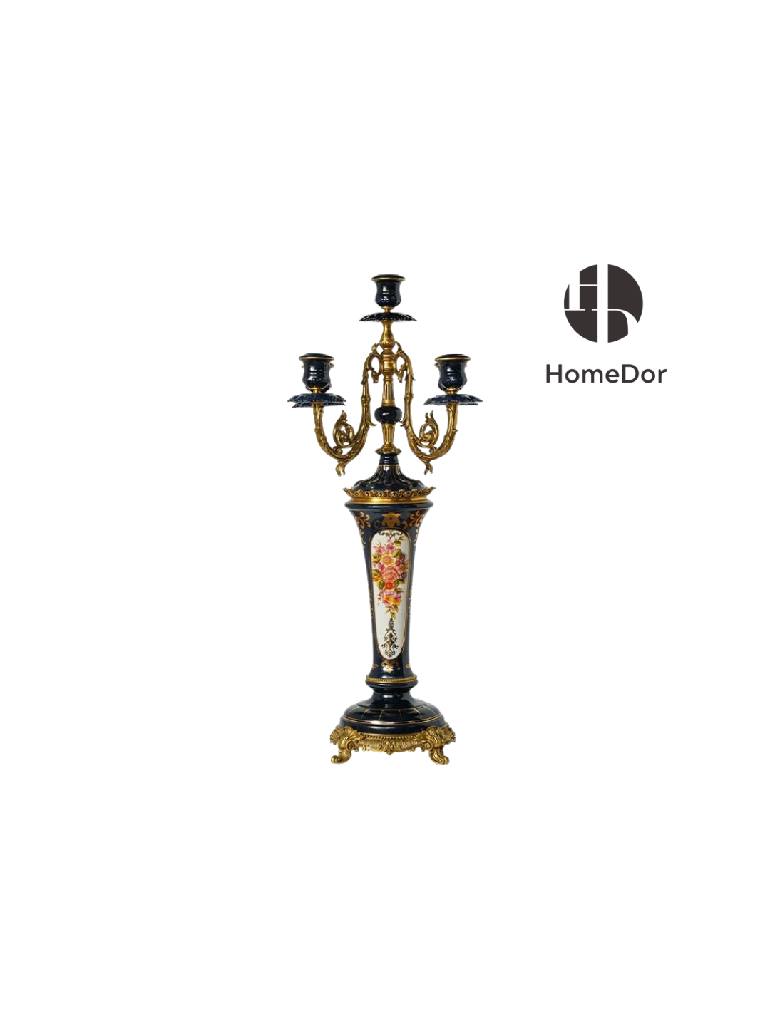 HomeDor-Classic Floral Embellished Porcelain Brass Table Candle Holder-L25cm X W25cm X H62cm-
