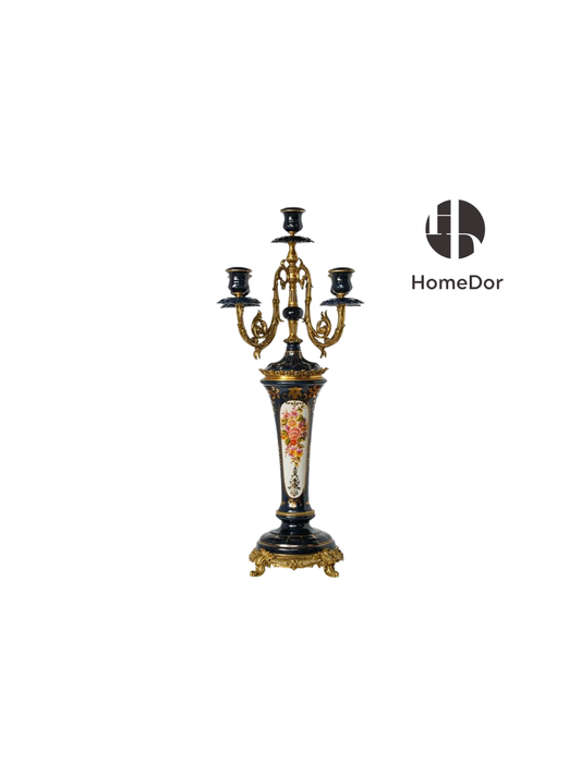 HomeDor-Classic Floral Embellished Porcelain Brass Table Candle Holder-L25cm X W25cm X H62cm-