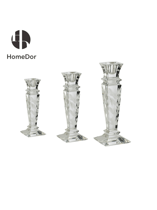 Classic Leaf Engraved Crystal Candle Holder Trio