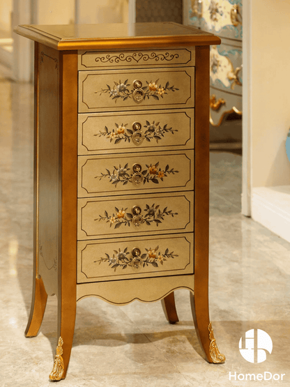 Classic Light Gold Five Drawer Jewelry Cabinet with Delicate Floral Designs
1