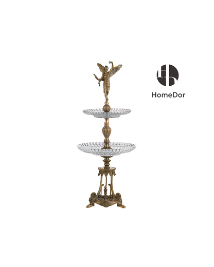 HomeDor Decorative Double-Tier Fruit Platter with Brass Angel Detailing-L29cm × W29cm × H69cm-